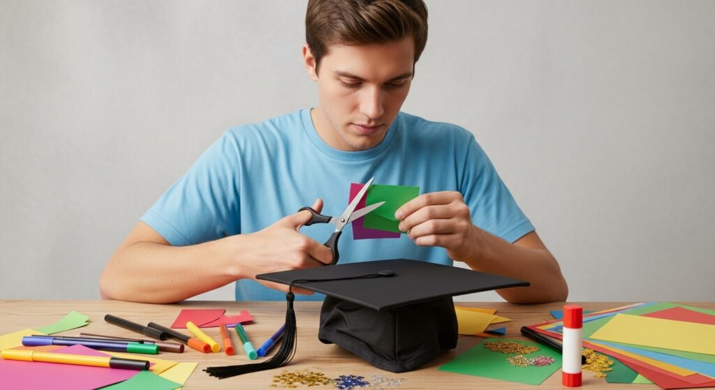 "Man preparing to decorate graduation cap with simple tools.")