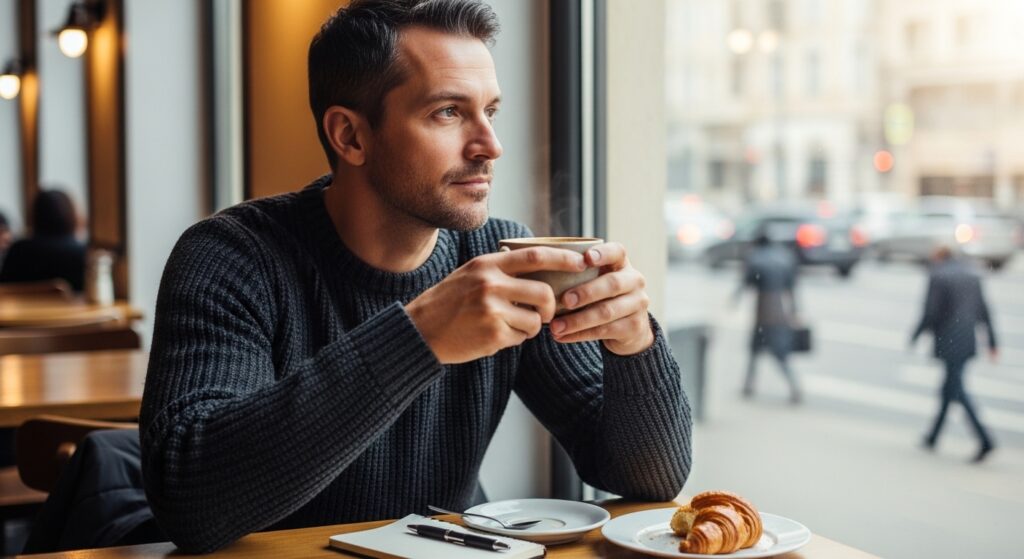  Reflective man sipping coffee by window thinking about life