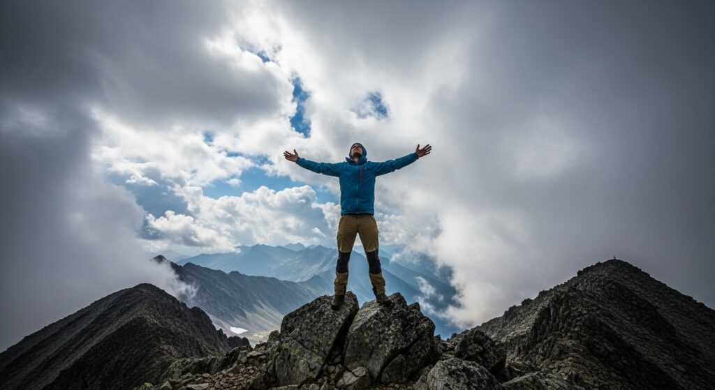 Man looking at clouds from mountain summit reflecting on life changes