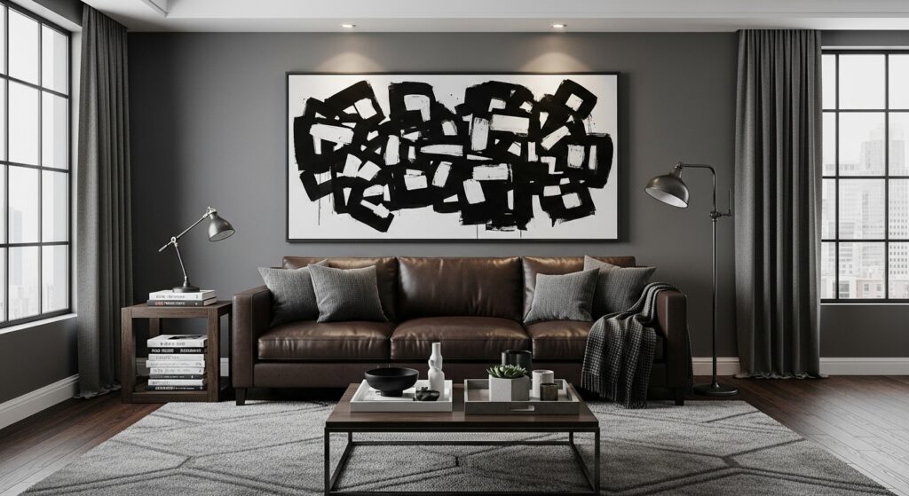 Black and white wall art in a bold, masculine-themed living room with leather sofa and dark palette