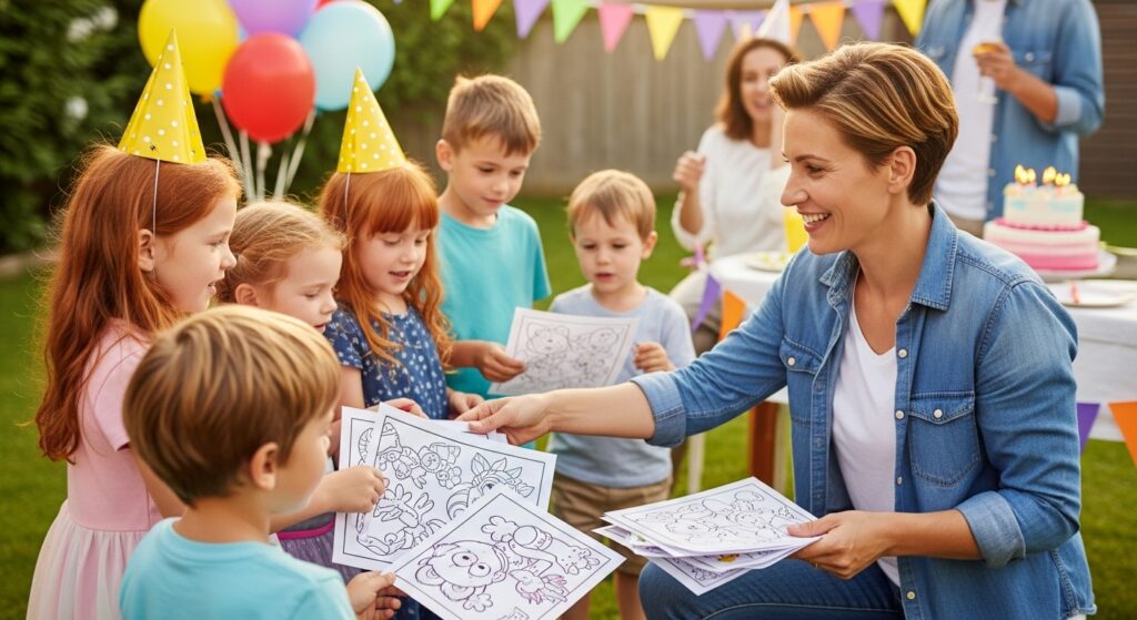 mom giving out printable birthday coloring pages to children)