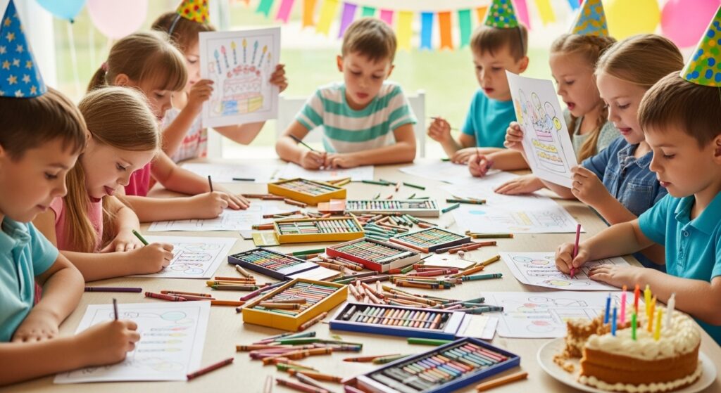 kids using birthday coloring sheets at a birthday party)