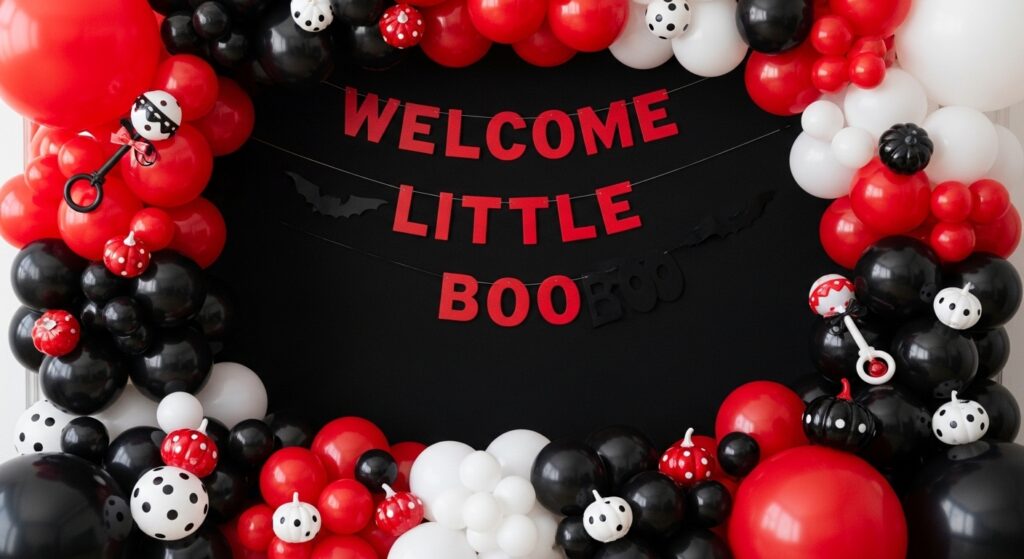Halloween baby shower backdrop with ghost-themed banner and balloons.