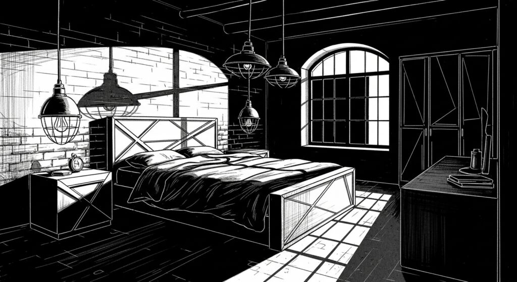 Black and white minimalism art in a bedroom with dark walls and masculine furniture