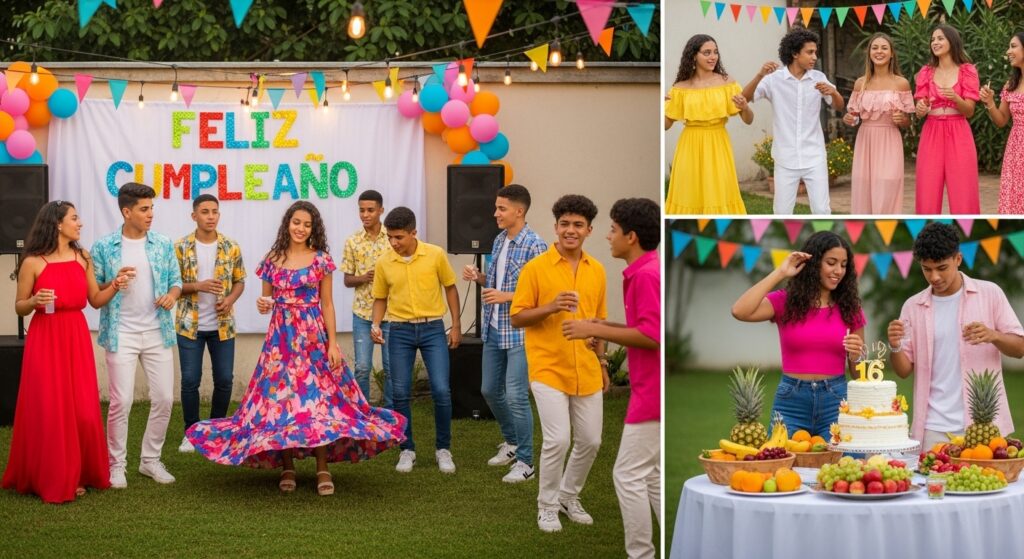 Collage of different Sweet 16 celebrations in various styles and traditions.”