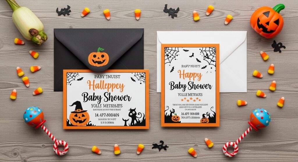  Halloween baby shower invitations with pumpkin and ghost designs.