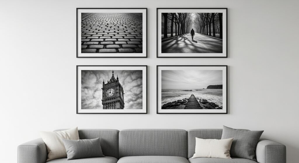  image set of four black and white framed photos in a modern living room arrangement