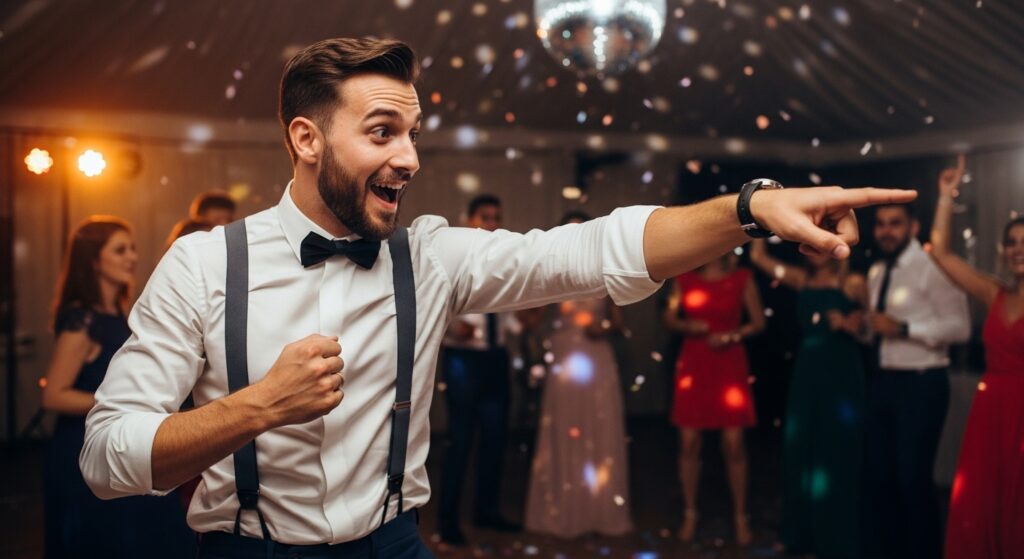 Groomsman hyping guests with upbeat love songs during wedding dance party