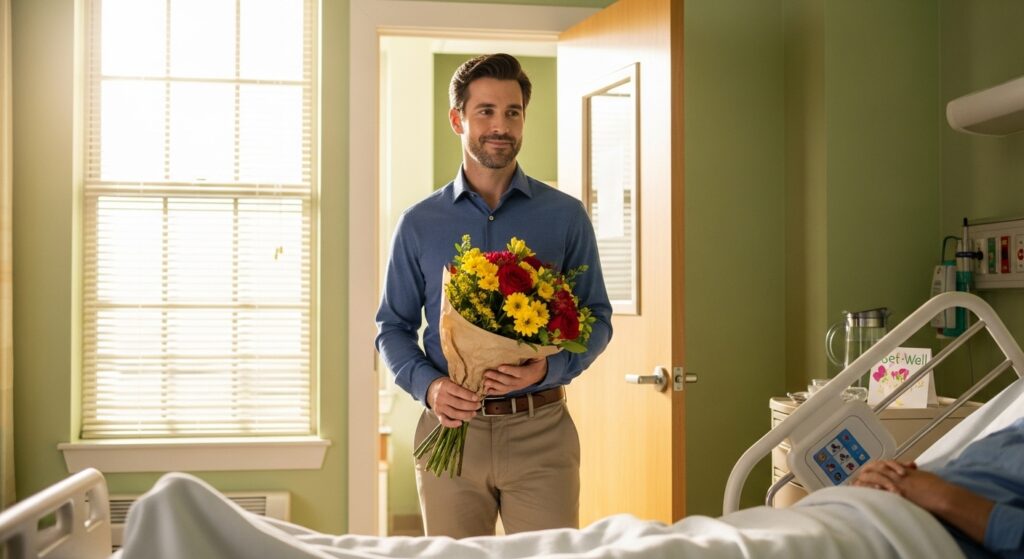 A man is getting well wishes as he visits a friend at the hospital.