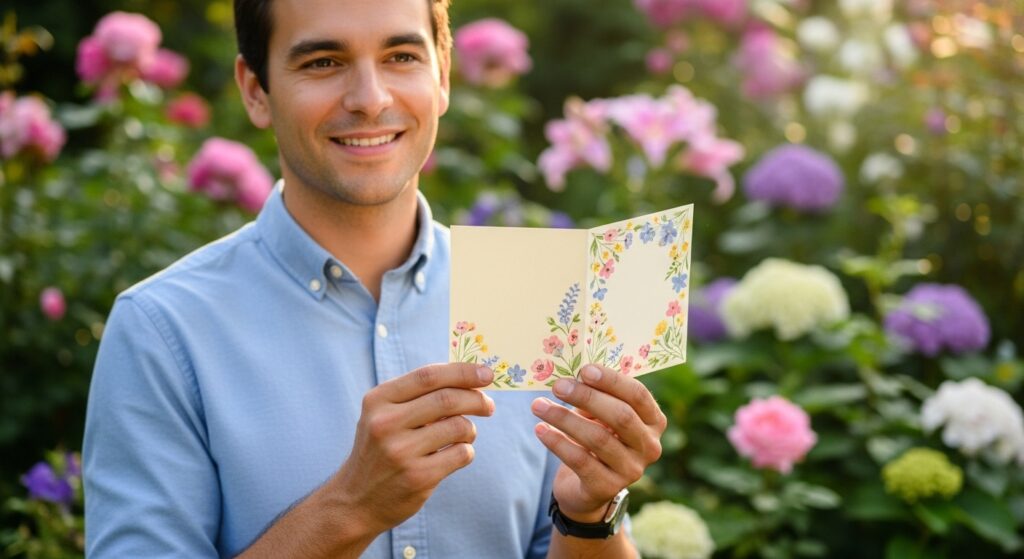 Man holding a get well soon card for a friend.