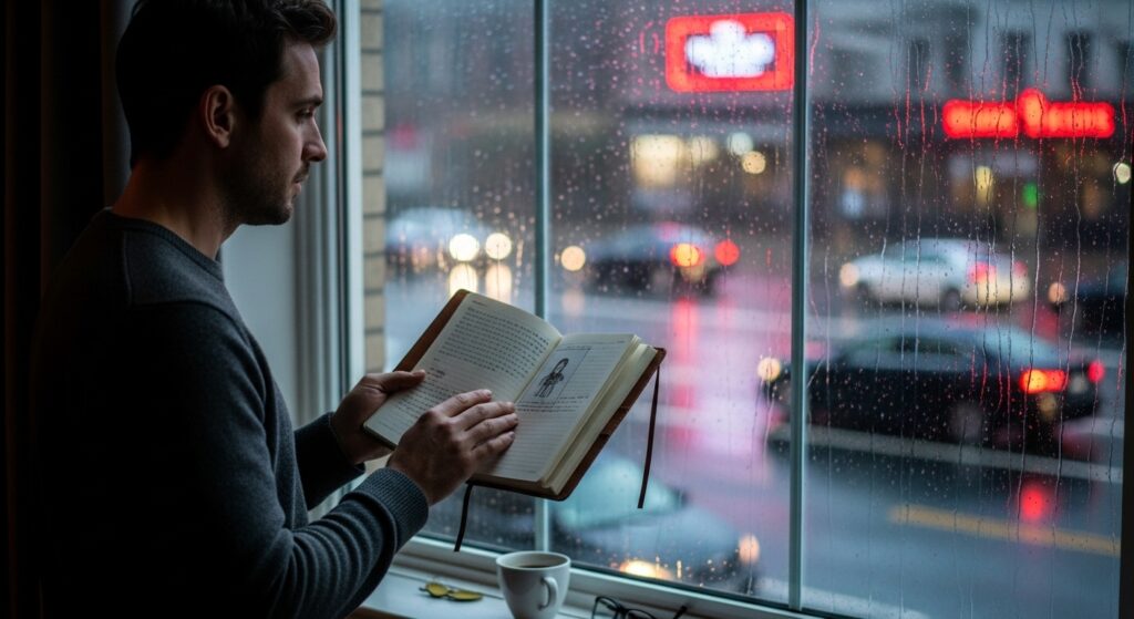 Reflective man writing Maya Angelou quotes in journal.