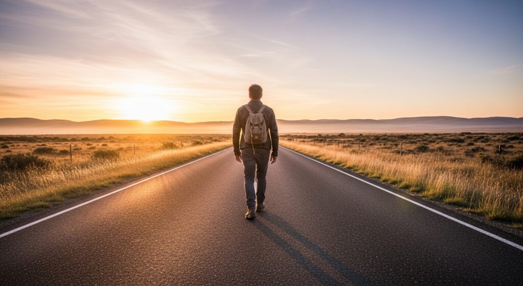 Man walking alone at dawn on an open road reflecting on life