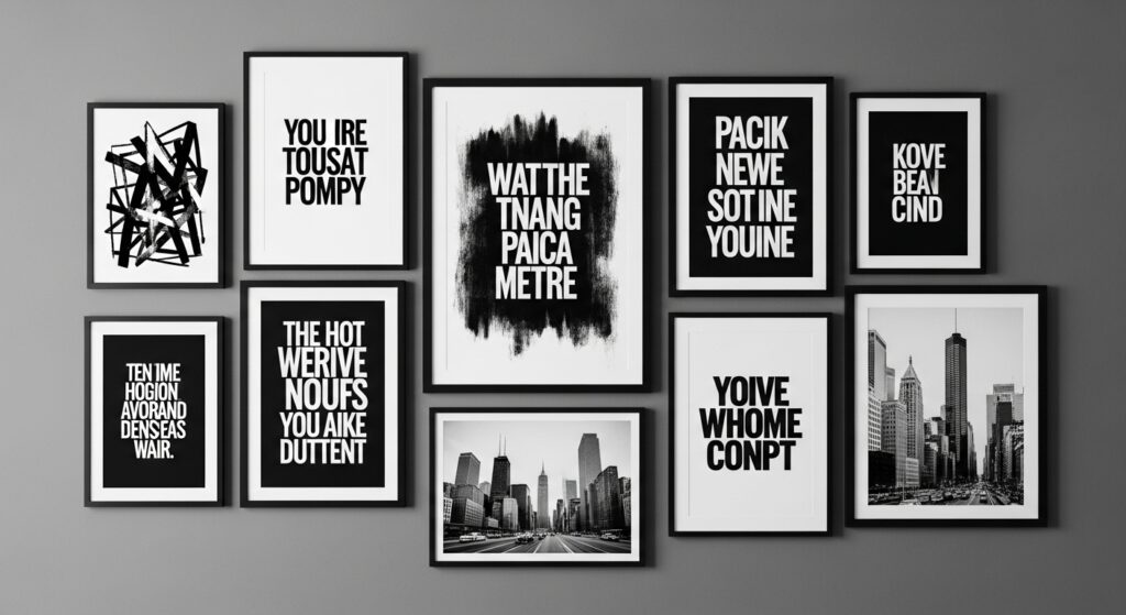  Masculine black and white gallery wall with urban and abstract pieces in a modern home
