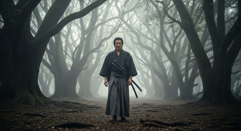 Lone samurai in a misty forest with dual swords.