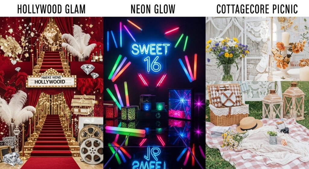 Mood board showing three Sweet 16 party themes.”