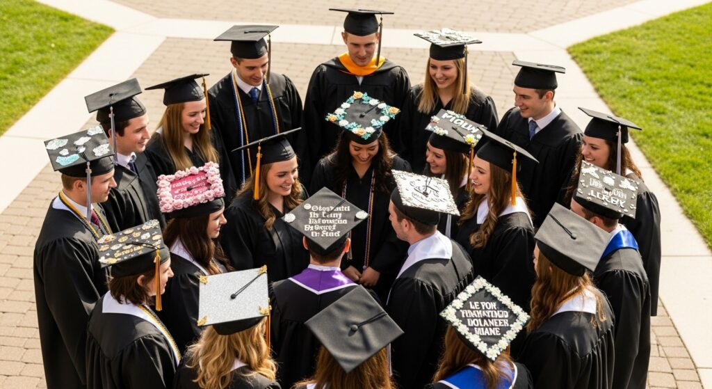 Group of graduates with decorated caps, one undecorated cap standing out.")