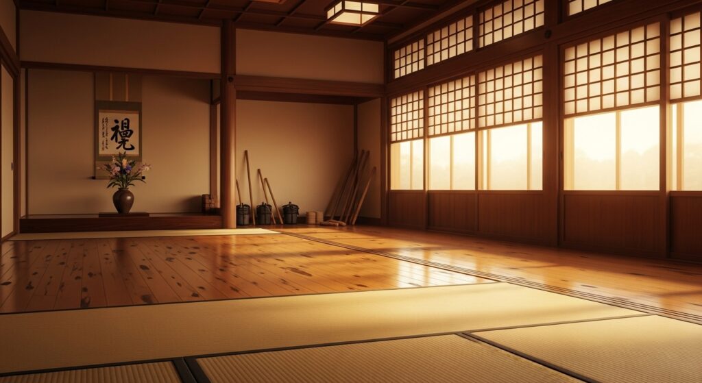 Empty Japanese dojo with wooden flooring and swords on the wall.