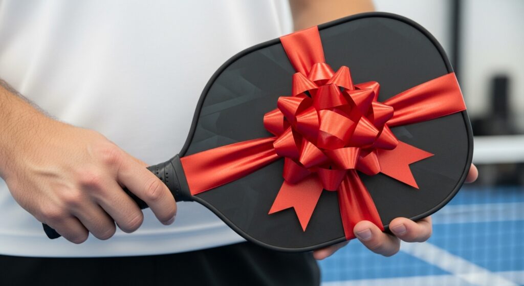 Man holding a wrapped pickleball paddle gift