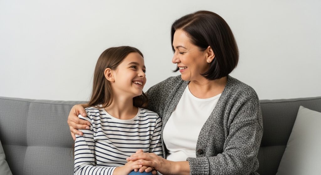 Mother and daughter sharing a candid laugh at home.