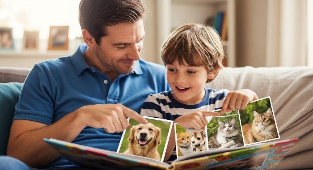 family remembering pet with scrapbook.