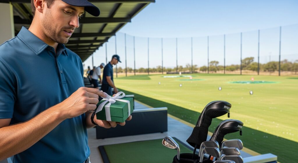 Golfer on the bench at the hitting area opening low price golf gift.
