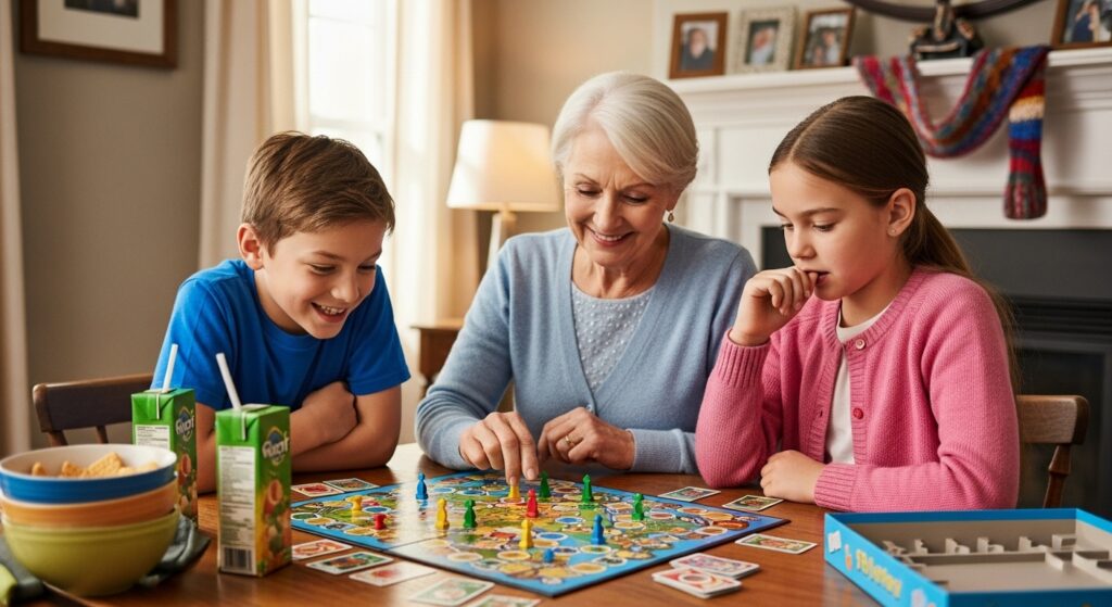 A grandparent playing a board game with grandchildren