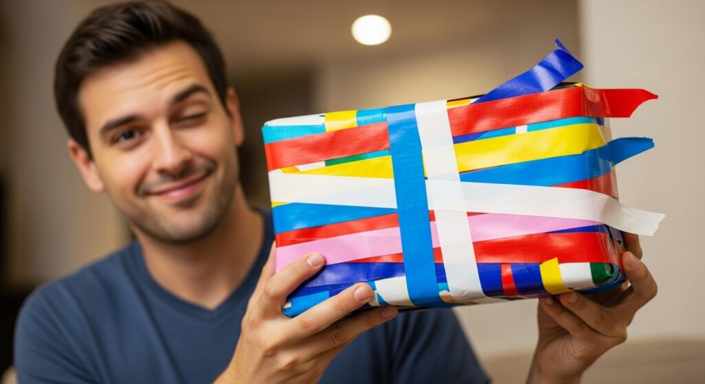man holding funny wrapped present at the holiday party)