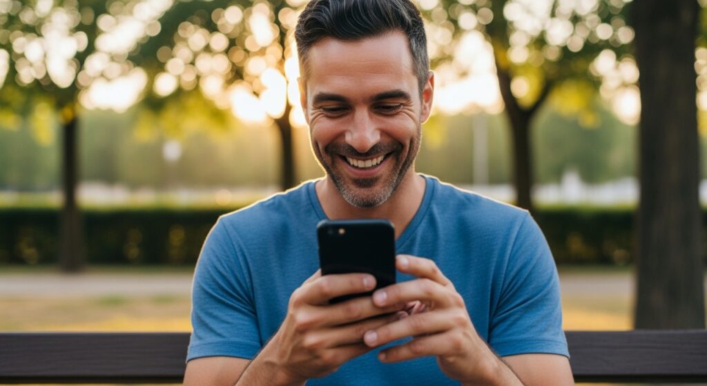 A man holding his phone, typing a message with a grin. 