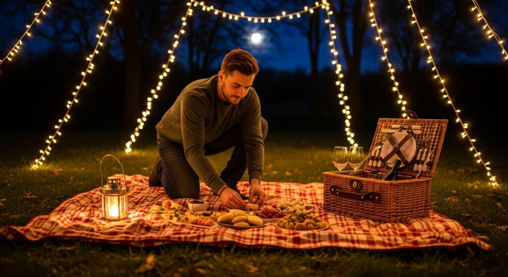man preparing an outdoor birthday picnic setup with lights