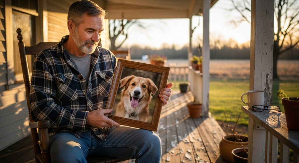 man remembering his pet with framed photo.