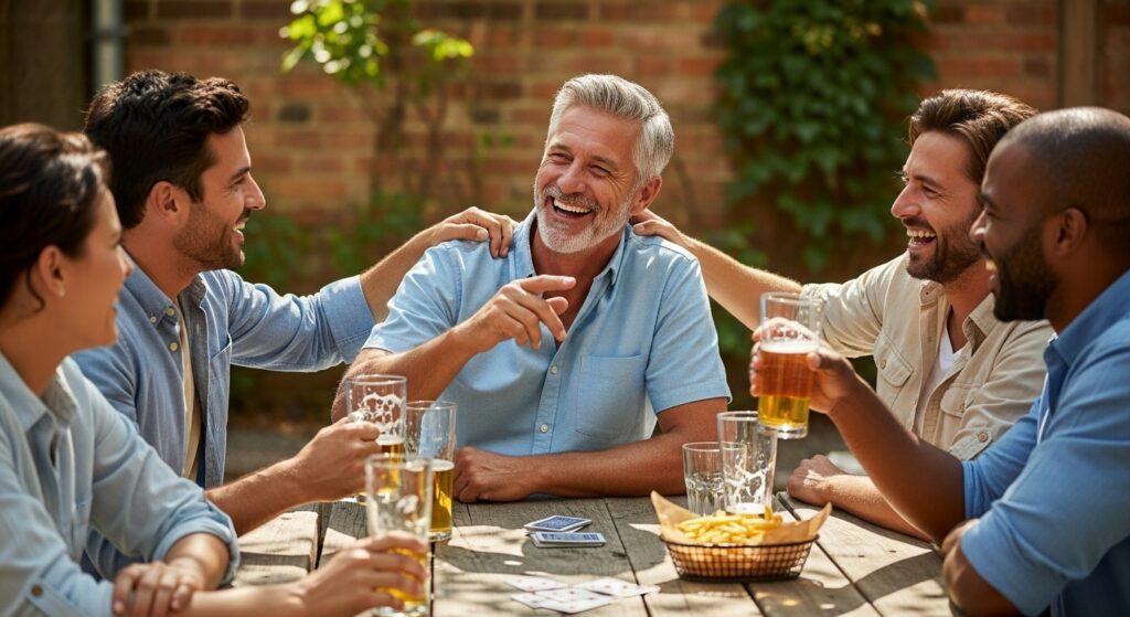 Man celebrating 60th birthday with friends outdoors