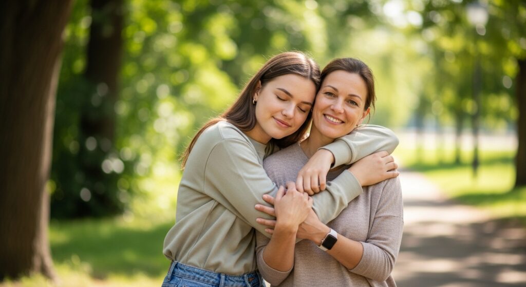 A mother hugging her grown-up daughter outdoors, casual clothes, natural light. Alt tag: Mother embracing adult daughter with love in a park.
