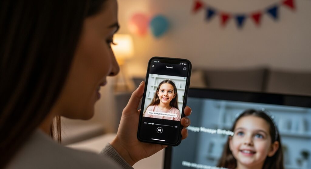 A Mom shooting a birthday video for her daughter.