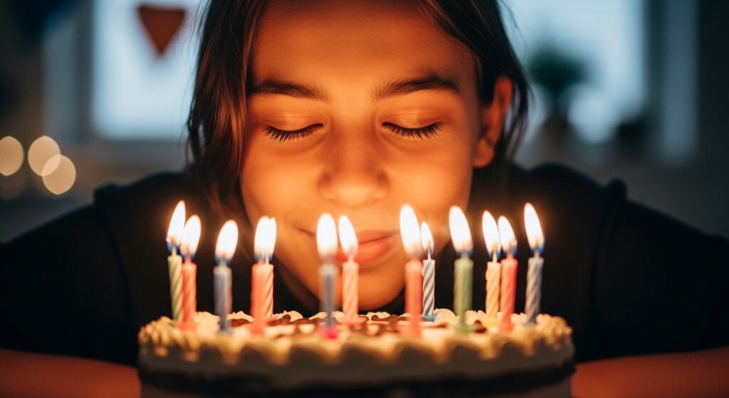 Teen making a birthday wish before blowing out candles"