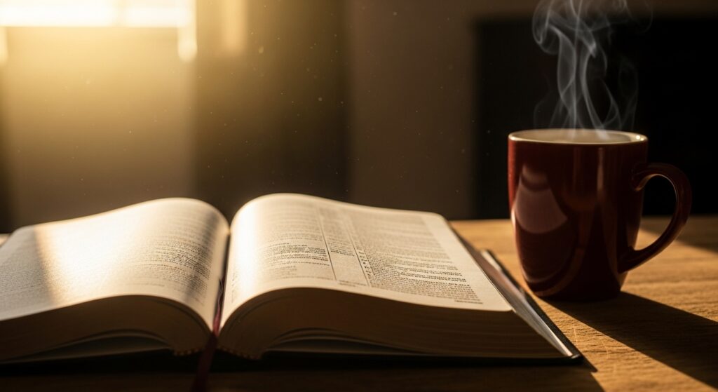 Bible and coffee on table with morning light