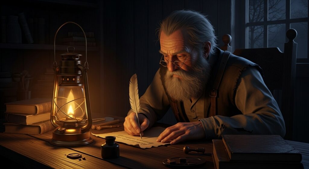 An old man with a lantern writing a personal birthday letter for his partner