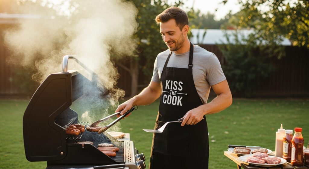 Father enjoying outdoor BBQ cooking class.