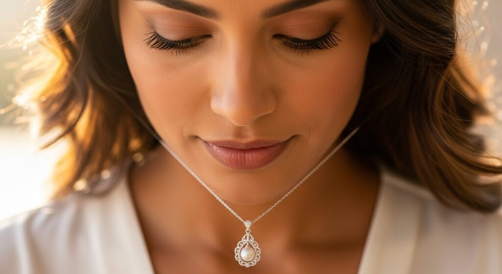 Image idea: Delicate necklace drawing the eyes of its wearer.
Alt tag: Woman is looking at the romantic customized necklace she is holding in her hands.