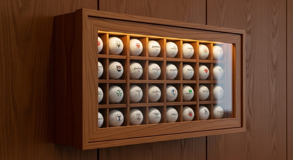 Wooden golf ball display cabinet with collectible balls.