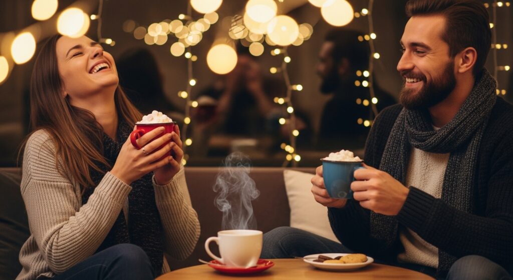 “friends sharing laughter during Christmas evening”)