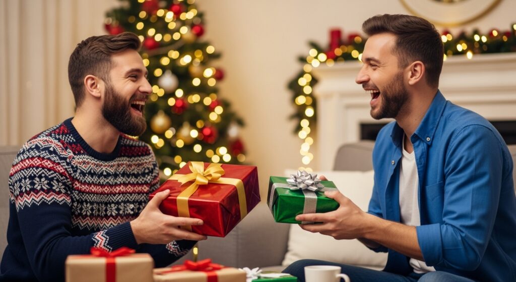 two men exchanging funny holiday gifts)