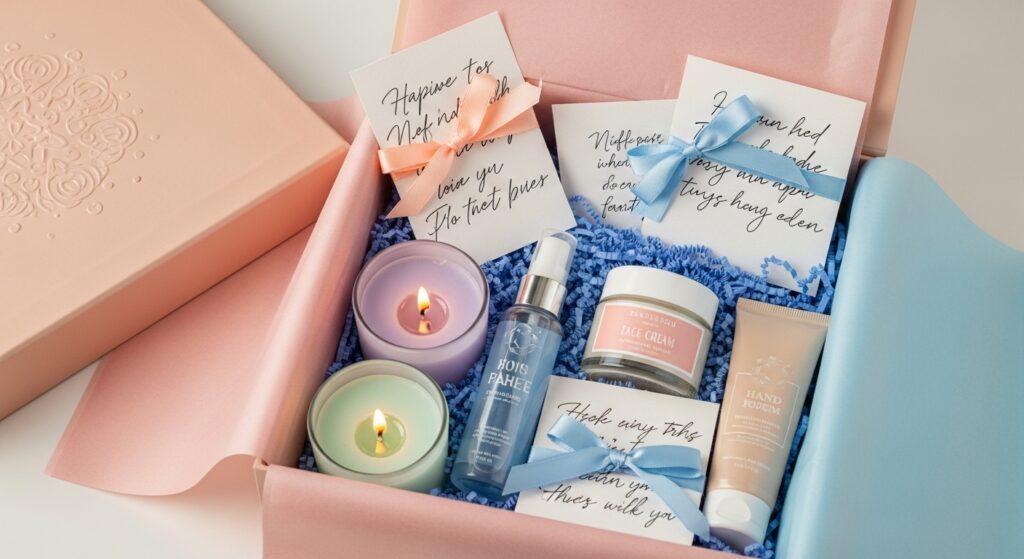 Image concept: a pastel-toned gift box with candles, skincare, and handwritten notes.
Alt tag: Romantic curated gift box with candles and skincare.